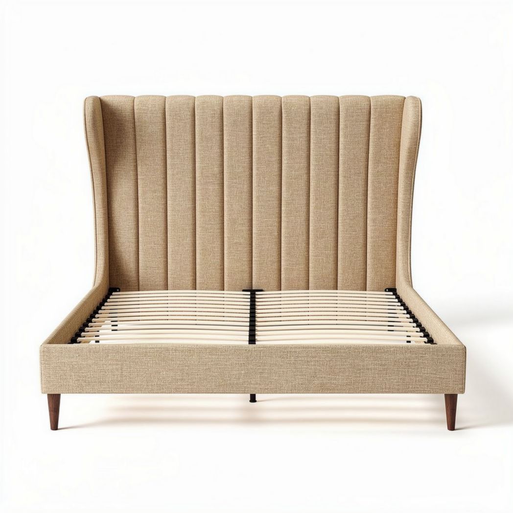 Letto matrimoniale con testiera imbottita in tessuto beige dimensioni 200 x 160 x 120cm