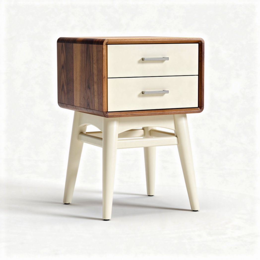 Comodino in legno con due cassetti color noce e bianco 40 x 40 x 55cm