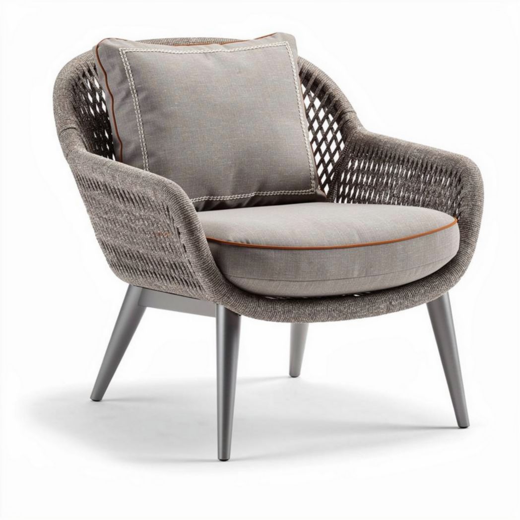 Poltrona in rattan grigio con cuscino e struttura in metallo 70 x 70 x 80cm