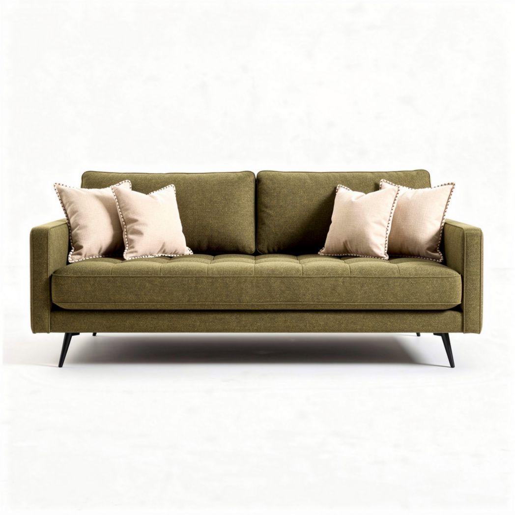 Divano verde oliva con cuscini decorativi dimensioni 200 x 90 x 85 cm